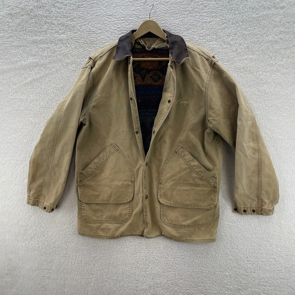 Vintage Woolrich Chore Jacket Mens L Barn Coat Leather Collar Wool Aztec Liner